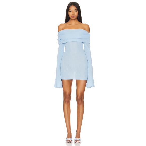 SEROYA Galli Mini Dress Ribbed Off The Shoulder Sexy Elegant Minimalist Blue M - Picture 2 of 11